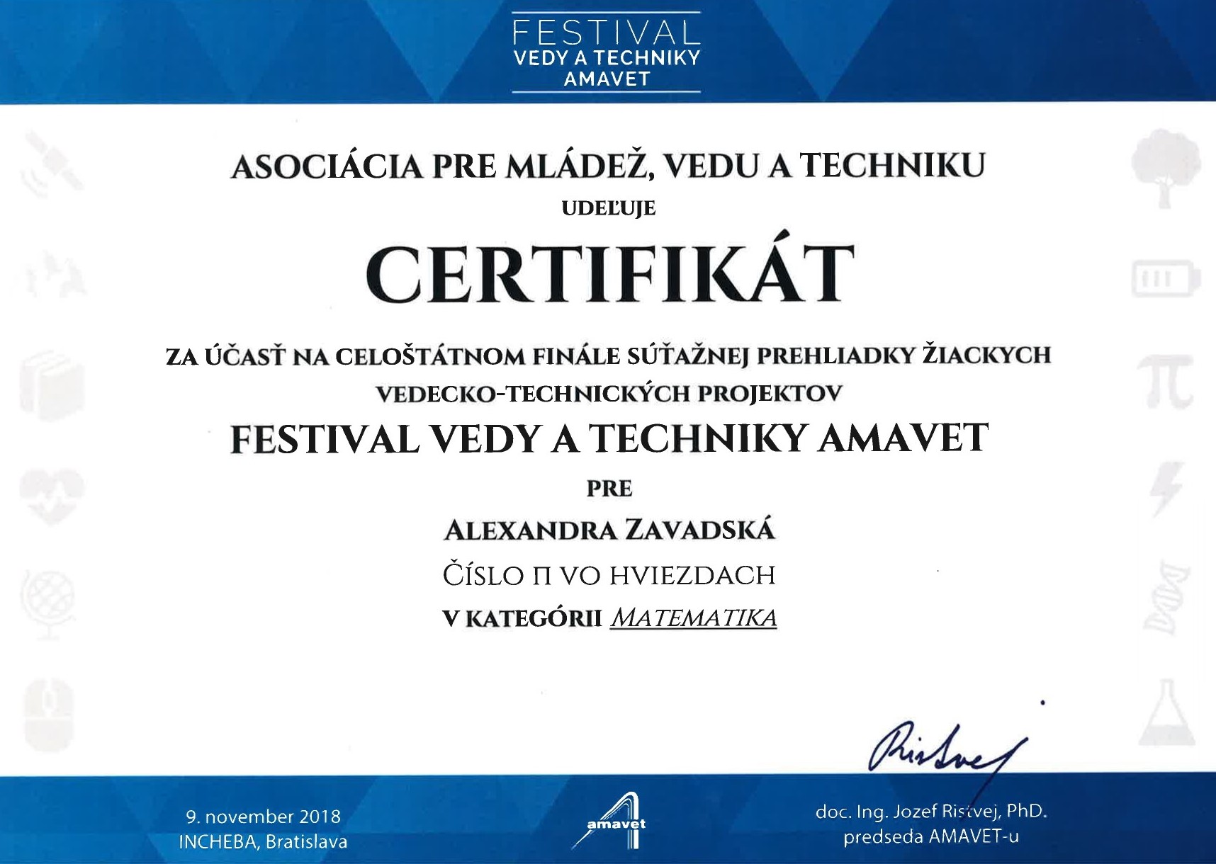 Winner of the Festival of Science and Technics (diploma, category Mathematics), 2018, AMAVET