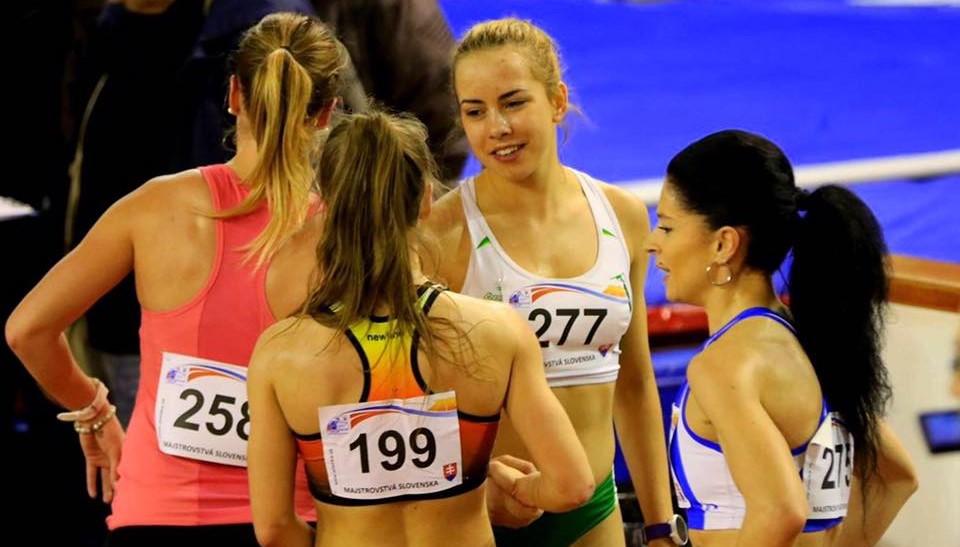 Mutual respect at the finish line — shaking hands with Lucia Vlčáková, with Katarína Beľová nearby.<br><br>National Championships 2018, indoor 3000m, women's final